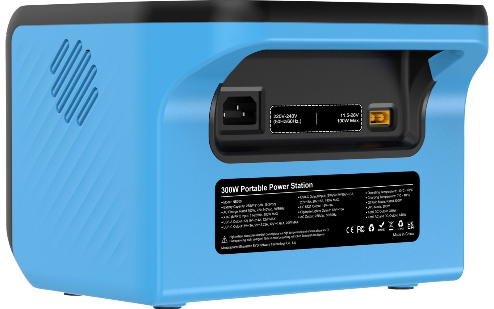 Blaues rechteckiges tragbares Gerät mit Lüftungsöffnungen, eingelassener Stromanschlussöffnung, orangefarbenem Anschluss und schwarzem Etikett