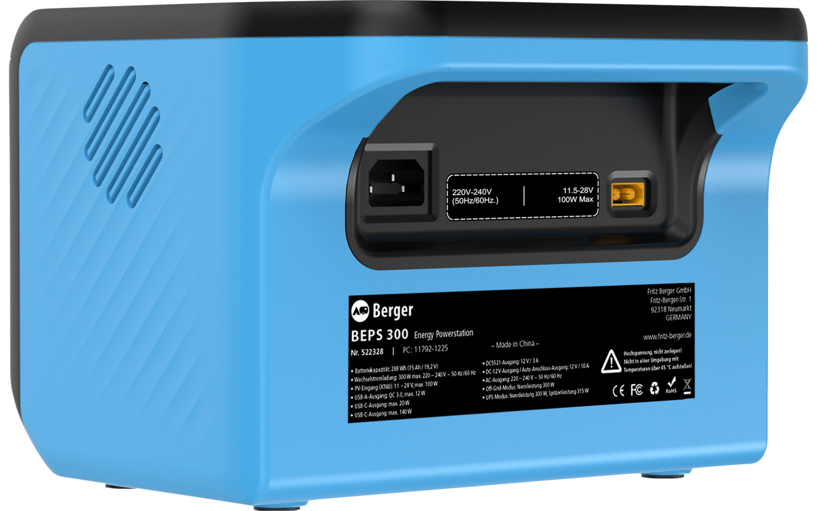 Dispositivo portatile rettangolare blu con fessure di ventilazione, presa di alimentazione incassata, connettore arancione ed etichetta nera