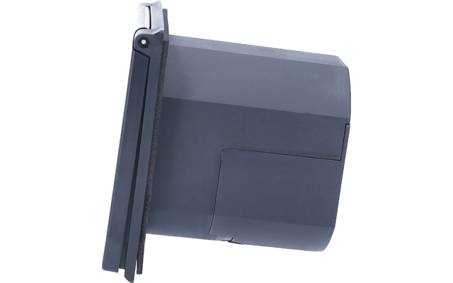 Seitliche Ansicht eines grauen Gerätekörpers mit flacher vorderer Blende, zylindrischem hinterem Gehäuse und einer Metallklammer oben links