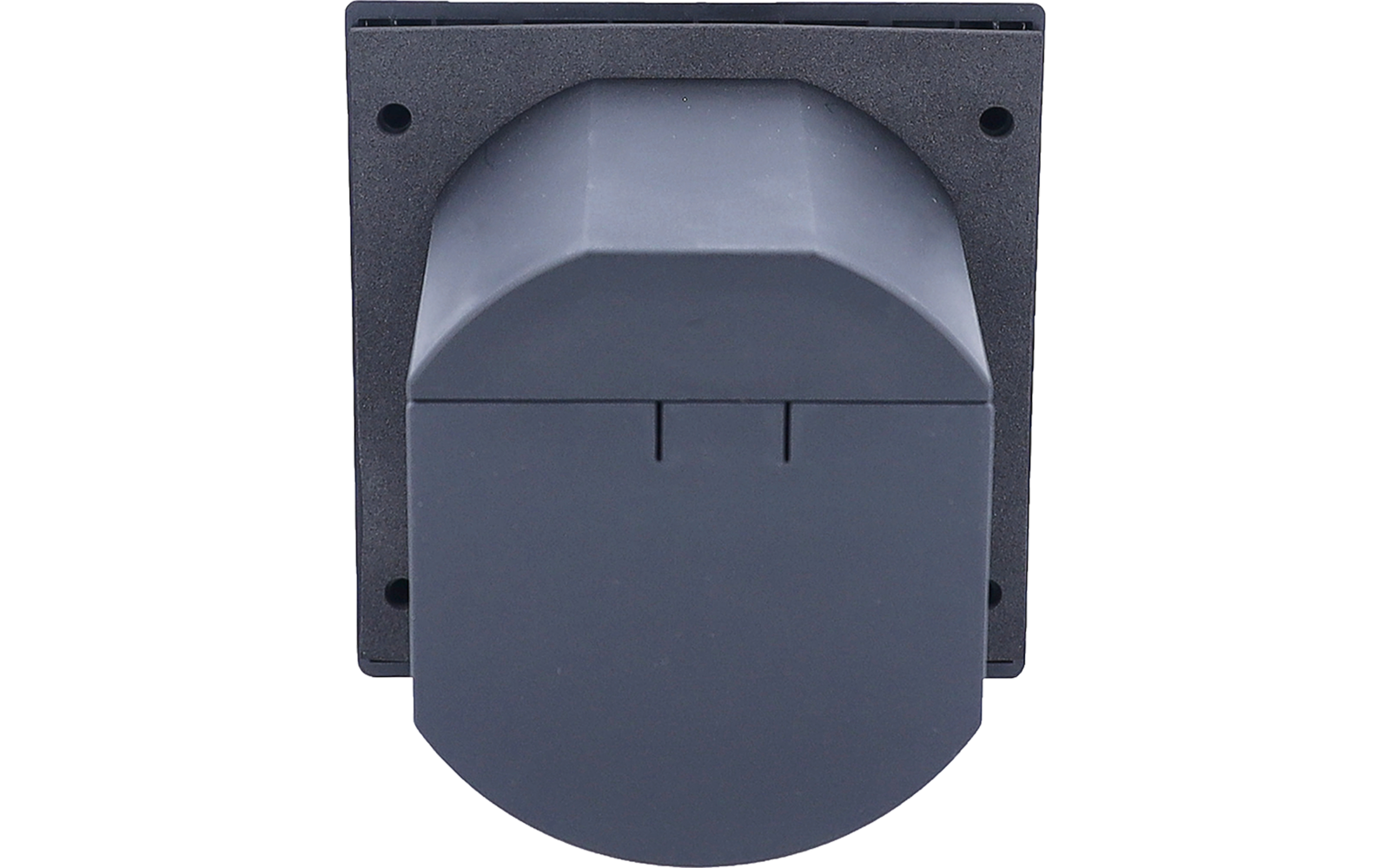 Dunkelgraue quadratische Platte mit vier Schraublöchern; mittig ein abgerundetes, dunkelgraues Bauteil mit Klappe und zwei schmalen vertikalen Schlitzen