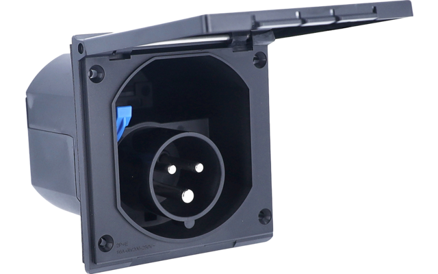 Schwarze Einbausteckdose aus Kunststoff mit aufklappbarem Deckel und rundem Einsatz mit drei runden Kontaktöffnungen