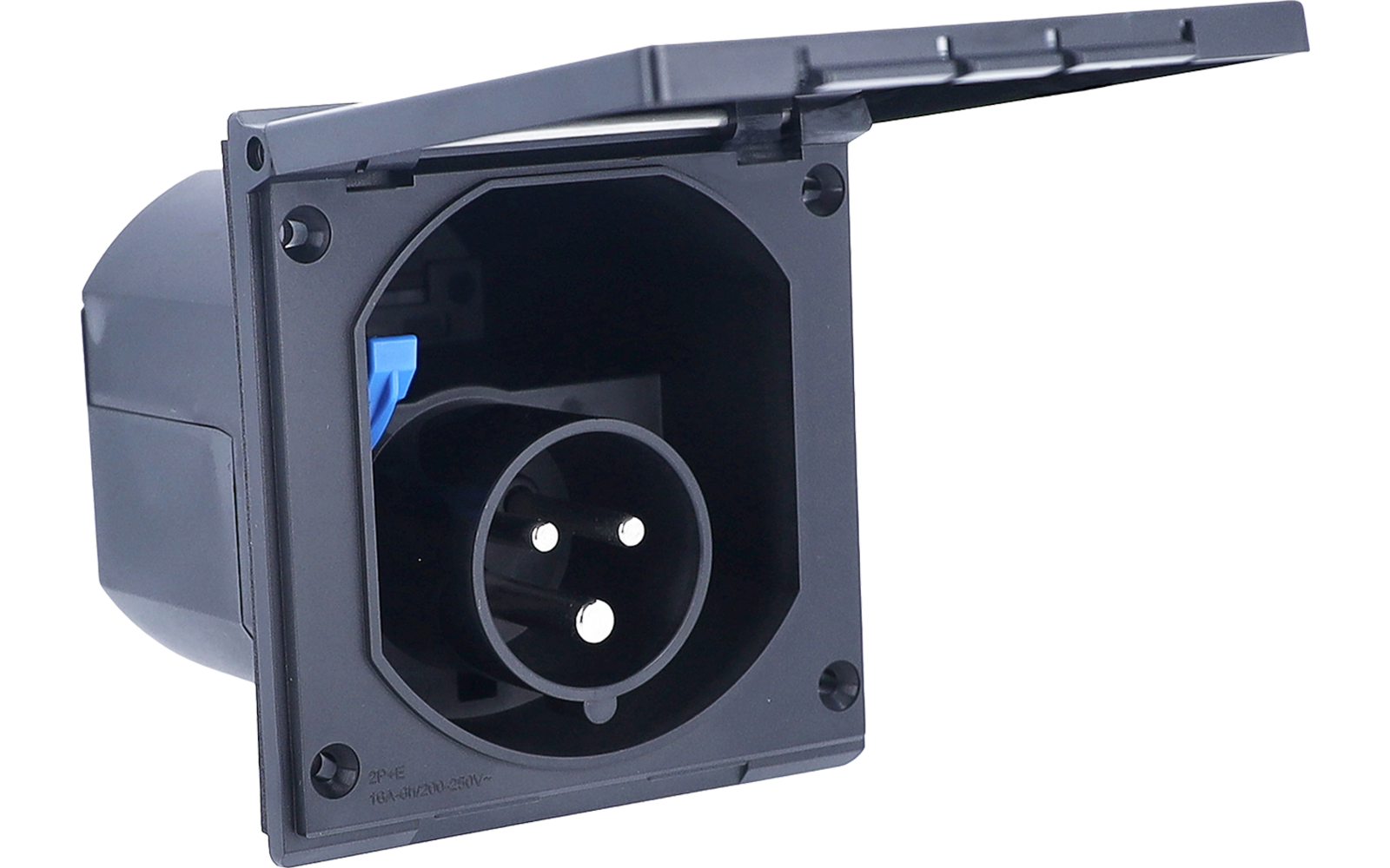 Schwarze Einbausteckdose aus Kunststoff mit aufklappbarem Deckel und rundem Einsatz mit drei runden Kontaktöffnungen