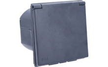 Graue quadratische Abdeckung mit Klappe, Scharnier oben links und eingeprägter Aufschrift 'IP44'