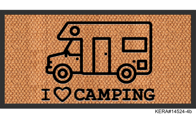 Braun gewebte Oberfläche mit schwarzer Konturzeichnung eines Wohnmobils und dem Text "I ♥ CAMPING" darunter