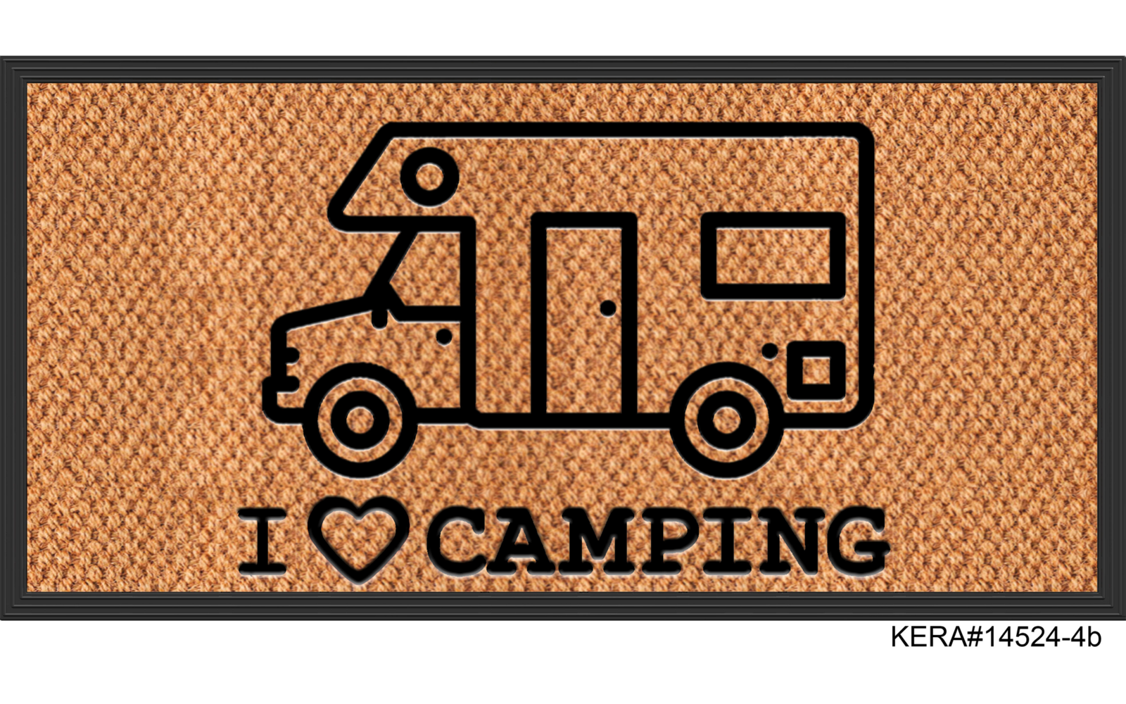 Braun gewebte Oberfläche mit schwarzer Konturzeichnung eines Wohnmobils und dem Text "I ♥ CAMPING" darunter