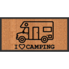 Fußmatte mit gewebter Oberfläche und schwarzem Rahmen, schwarze Strichzeichnung eines Wohnmobils und der Text 'I ♥ CAMPING'