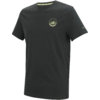 Dunkelgraues T-Shirt mit rundem Ausschnitt und kurzen Ärmeln, kleines rundes gelb-grünes Logo mit Bergmotiv auf der linken Brust, kleiner Aufdruck am linken Ärmel