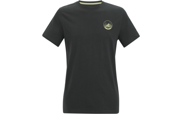 Dunkelgraues kurzärmeliges T-Shirt mit Rundhalsausschnitt, schmalem hellen Innenstreifen am Kragen und kleinem rundem hellen Aufdruck mit Bergmotiv auf der linken Brust