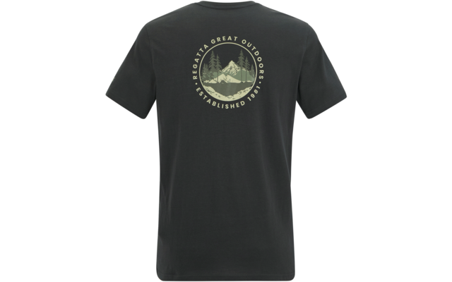 Rückansicht eines dunkelgrauen T-Shirts mit rundem Emblem, Bergen, Tannen und dem Text Regatta Great Outdoors Established 1961