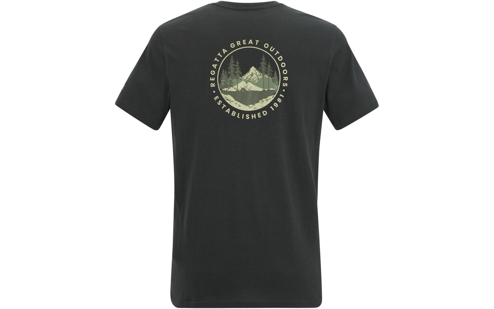 Rückansicht eines dunkelgrauen T-Shirts mit rundem Emblem, Bergen, Tannen und dem Text Regatta Great Outdoors Established 1961