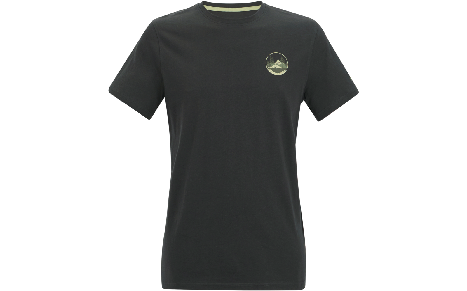 Dunkelgraues kurzärmeliges T-Shirt mit Rundhalsausschnitt, schmalem hellen Innenstreifen am Kragen und kleinem rundem hellen Aufdruck mit Bergmotiv auf der linken Brust