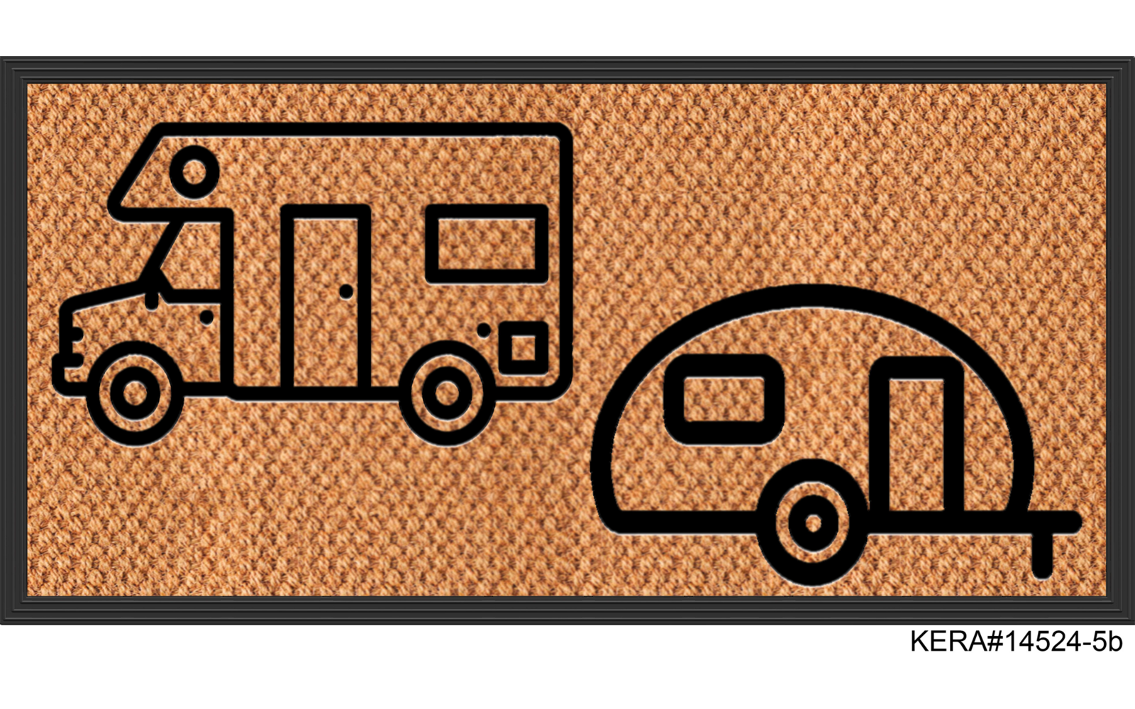 Zwei schwarze Kontur-Icons auf braunem, gewebtem Hintergrund: links ein Wohnmobil, rechts ein Wohnanhänger