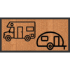Braune gewebte Fußmatte mit dunklem Rahmen und zwei schwarzen Umriss-Icons: links ein Wohnmobil, rechts ein Wohnwagen