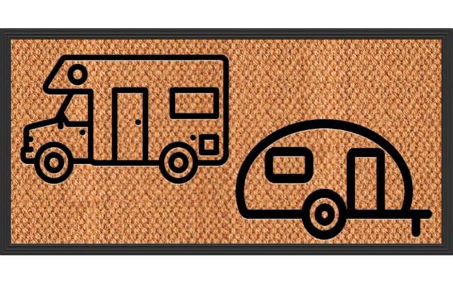 Braune gewebte Fußmatte mit dunklem Rahmen und zwei schwarzen Umriss-Icons: links ein Wohnmobil, rechts ein Wohnwagen