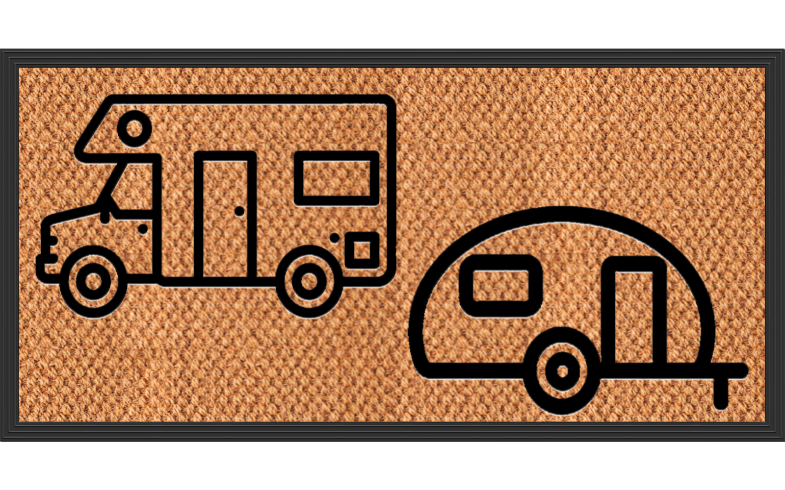 Braune gewebte Fußmatte mit dunklem Rahmen und zwei schwarzen Umriss-Icons: links ein Wohnmobil, rechts ein Wohnwagen