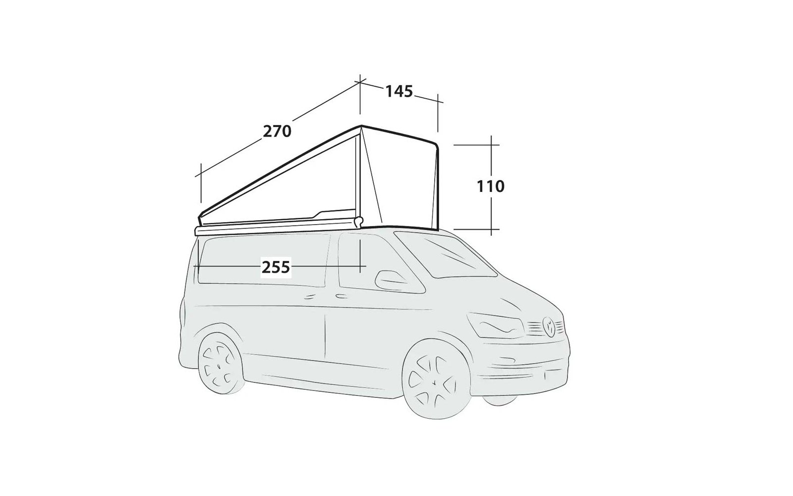 Seitliche Strichzeichnung eines Vans mit aufgeklapptem Aufstelldach; Maßlinien und Zahlen 270, 145, 110, 255