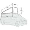 Seitliche Strichzeichnung eines Vans mit aufgeklapptem Aufstelldach; Maßlinien und Zahlen 270, 145, 110, 255
