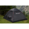 Black dome tent with 'HIGH PEAK' logo, partially open mesh door, red guy lines, on grass in front of conifer trees and a mountain slope