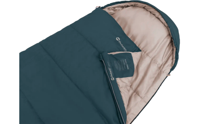 Donkergroene slaapzak met beige voering, deels open