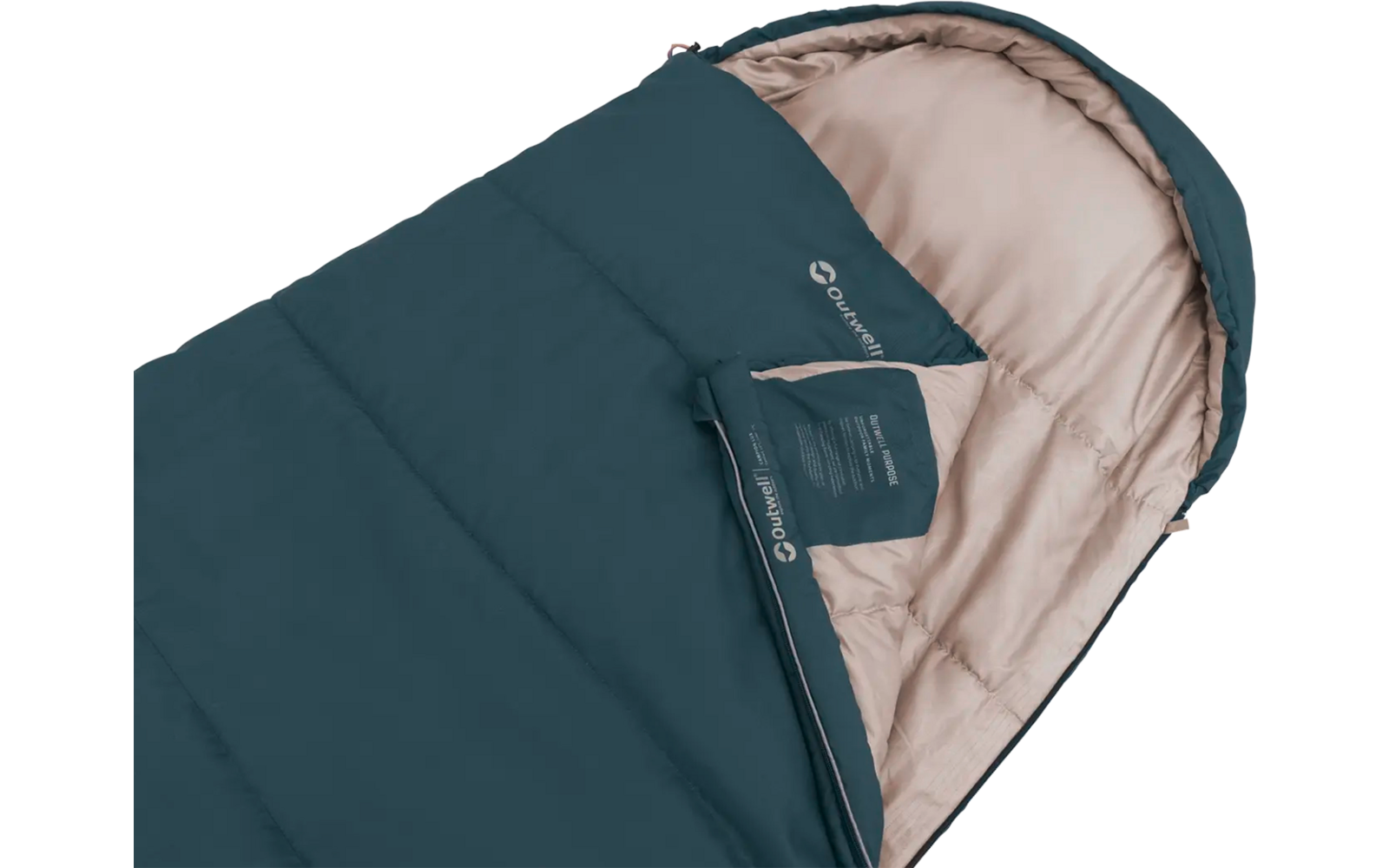 Donkergroene slaapzak met beige voering, deels open