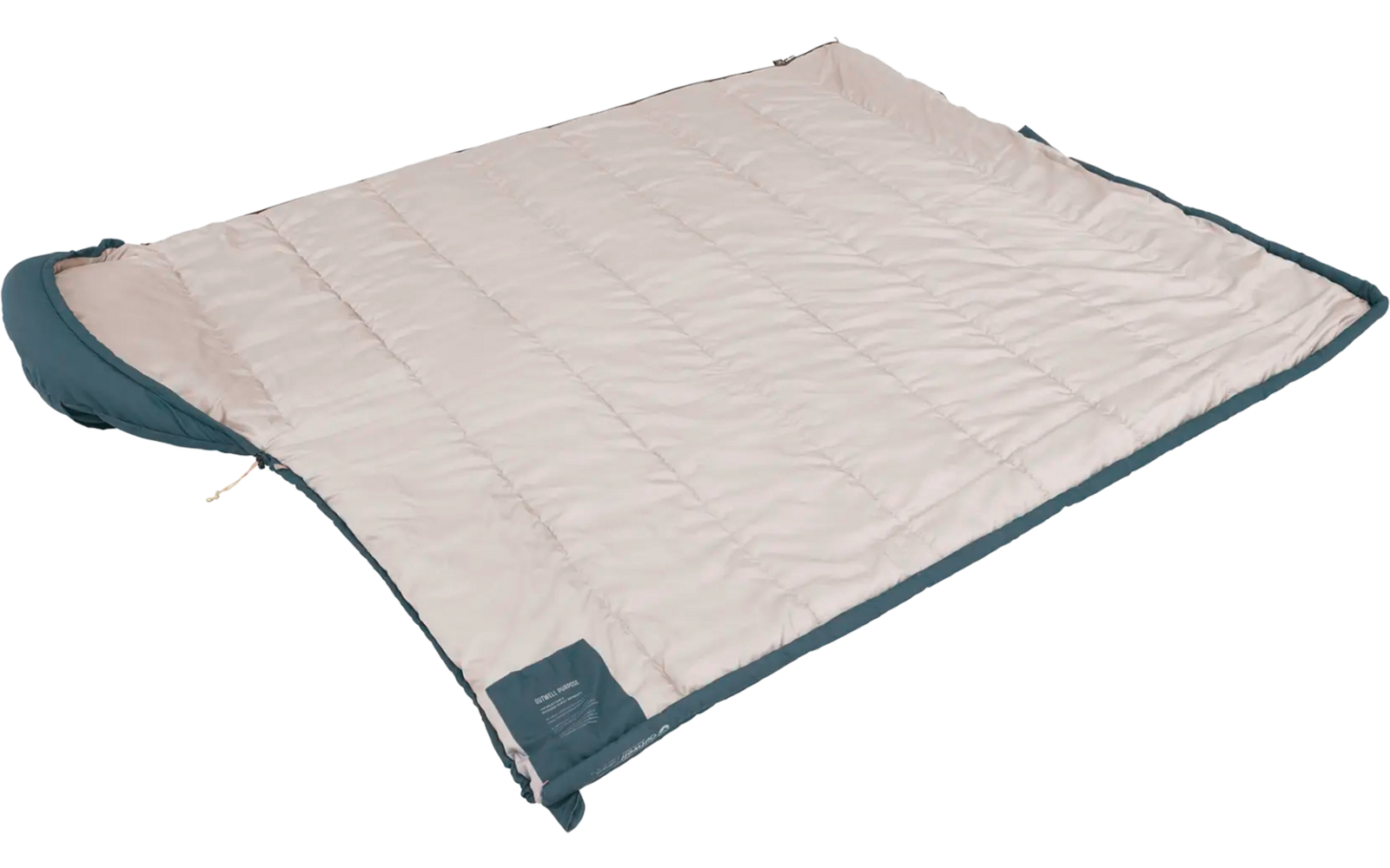 Beige gewatteerd deken met donkergroene rand liggend op een witte achtergrond