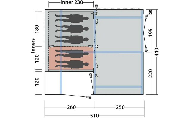 Technische Zeichnung eines rechteckigen Objekts mit Maßen und schematischen Figuren