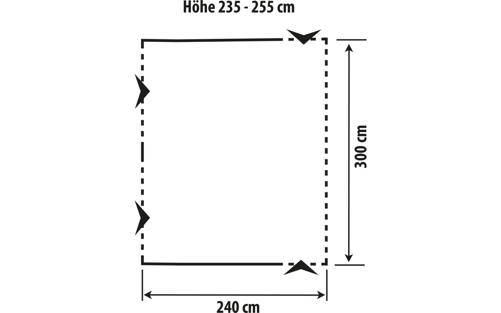Technical drawing of a rectangular object with horizontal lines, dimensions 240 cm width and 300 cm height, with arrows and text indicating height from 235 to 255 cm