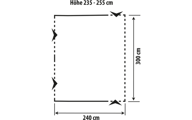 Technical drawing of a rectangular object with horizontal lines, dimensions 240 cm width and 300 cm height, with arrows and text indicating height from 235 to 255 cm