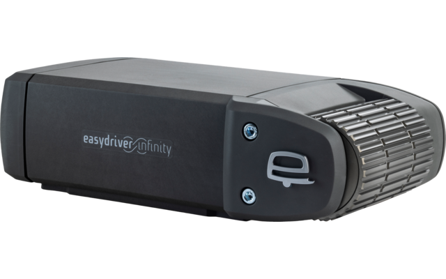 Carcasa negra alargada con la inscripción 'easydriver infinity', extremo derecho redondeado con rejilla de ventilación y dos tornillos visibles, sobre fondo blanco