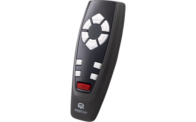 Mando a distancia negro de forma ovalada, superficie brillante, pad de control circular blanco con cinco botones, botones blancos adicionales debajo, botón rojo de encendido en la parte inferior y logotipo 'easydriver'