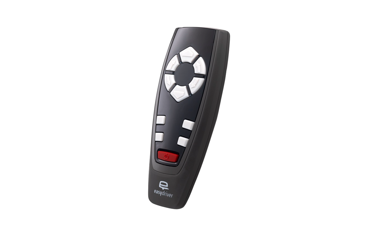 Mando a distancia negro de forma ovalada, superficie brillante, pad de control circular blanco con cinco botones, botones blancos adicionales debajo, botón rojo de encendido en la parte inferior y logotipo 'easydriver'