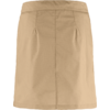 Beige knee-length skirt with visible waistband, center seam, and two front pleats