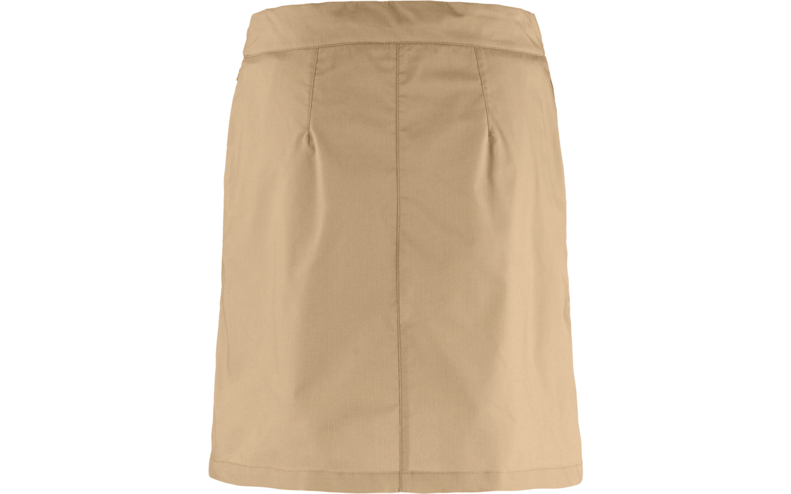 Beige knee-length skirt with visible waistband, center seam, and two front pleats