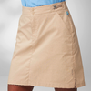 Beige skirt from waist to mid-thigh with side pocket, waist tab showing a small Swedish flag tag, two front snap buttons, light blue top visible at the waist, light gray background