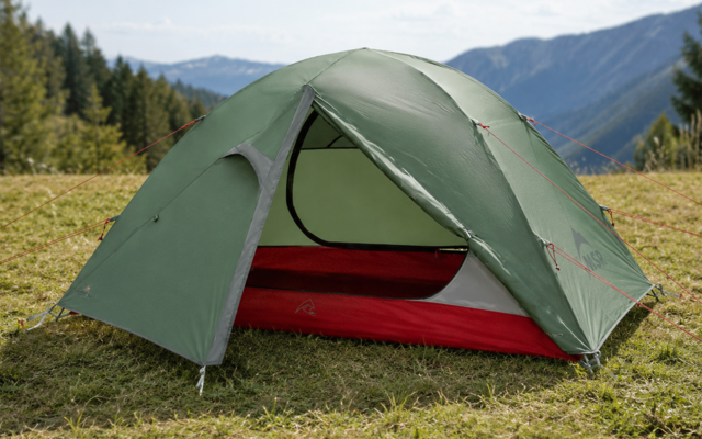 Grünes Zelt mit offenem Eingang auf einer Wiese, roter Innenboden, Berge und Bäume im Hintergrund