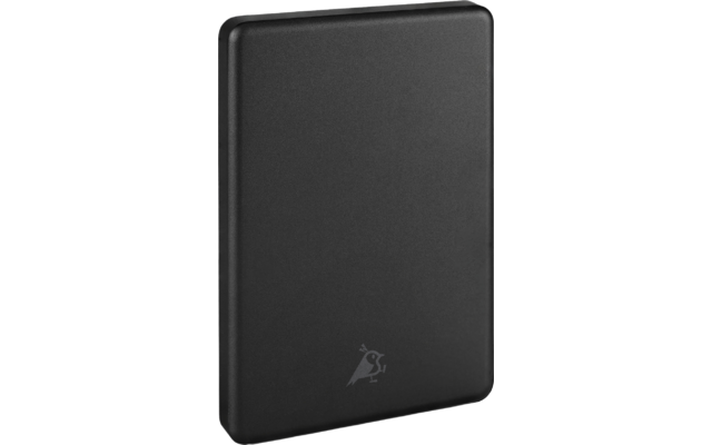 Un disque dur externe rectangulaire noir avec des bords arrondis