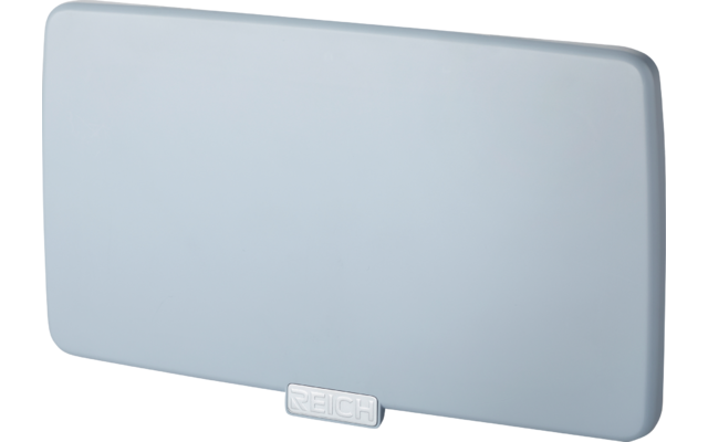 Objet rectangulaire bleu clair aux angles arrondis et petit rectangle saillant centré en bas portant l'inscription 'REICH'