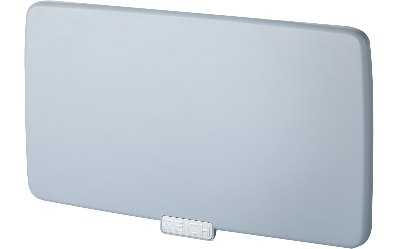 Hellblaues rechteckiges Objekt mit abgerundeten Ecken und kleinem hervorstehenden Rechteck unten mittig mit der Aufschrift 'REICH'