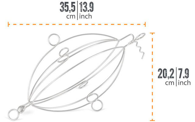 Zilverkleurige, langwerpig-ovale draadconstructie van gebogen metalen staven met kleine ronde oogjes aan de zijkanten en een spiraalvormige draailus aan één uiteinde; oranje gestippelde maatlijnen boven en rechts met de aanduidingen 35.5 cm | 13.9 inch en 20.2 cm | 7.9 inch