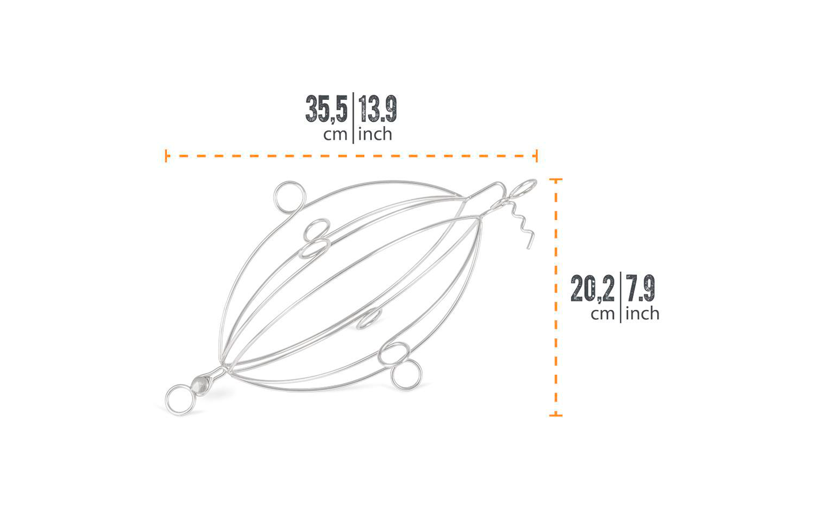 Zilverkleurige, langwerpig-ovale draadconstructie van gebogen metalen staven met kleine ronde oogjes aan de zijkanten en een spiraalvormige draailus aan één uiteinde; oranje gestippelde maatlijnen boven en rechts met de aanduidingen 35.5 cm | 13.9 inch en 20.2 cm | 7.9 inch