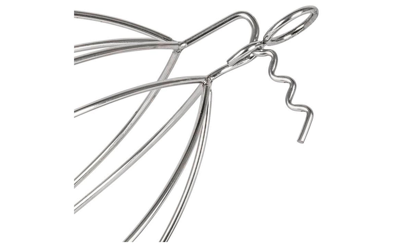 Close-up van een glanzende zilverkleurige draadconstructie met meerdere gebogen lussen en een gedraaide ophanglus