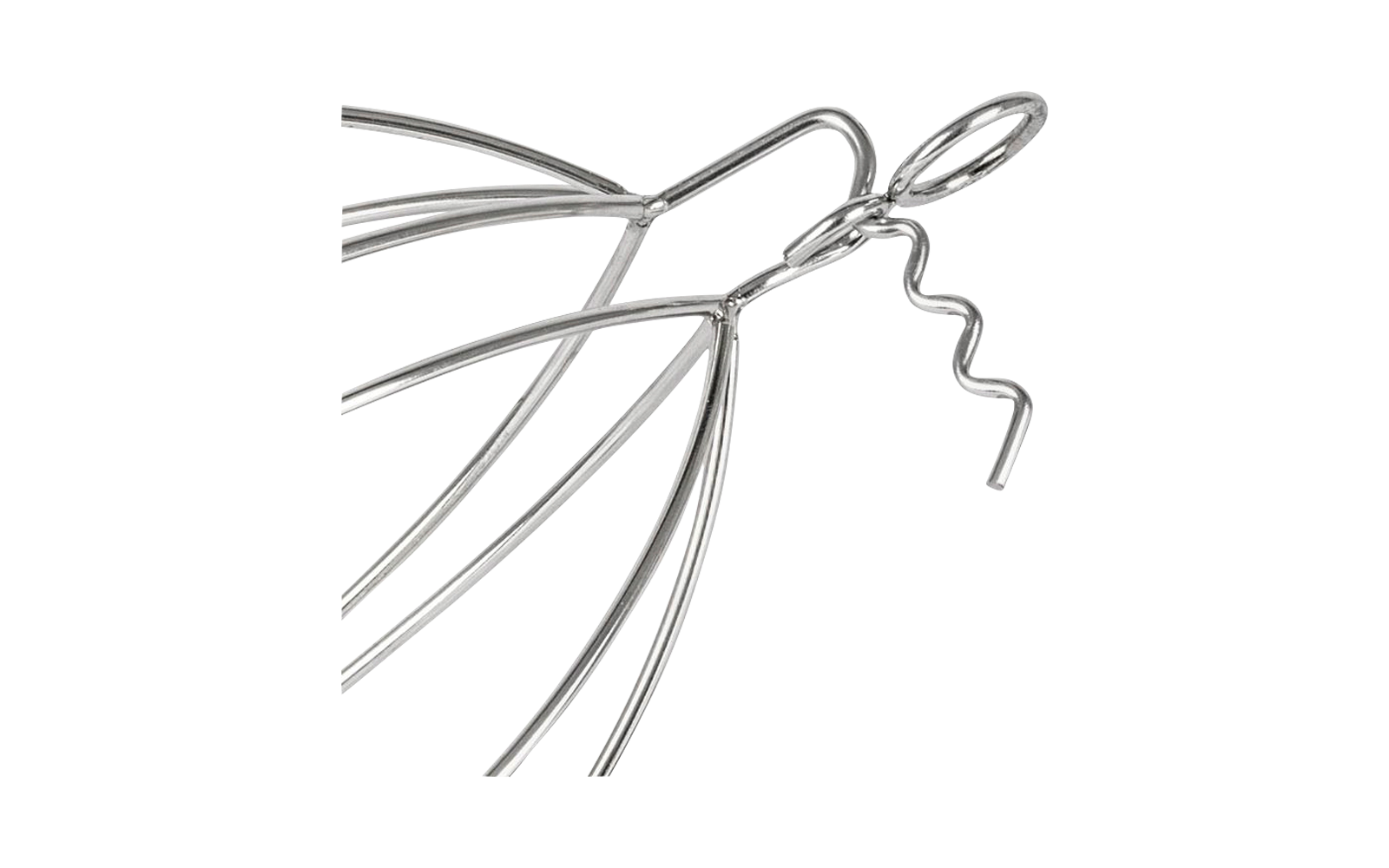 Close-up van een glanzende zilverkleurige draadconstructie met meerdere gebogen lussen en een gedraaide ophanglus