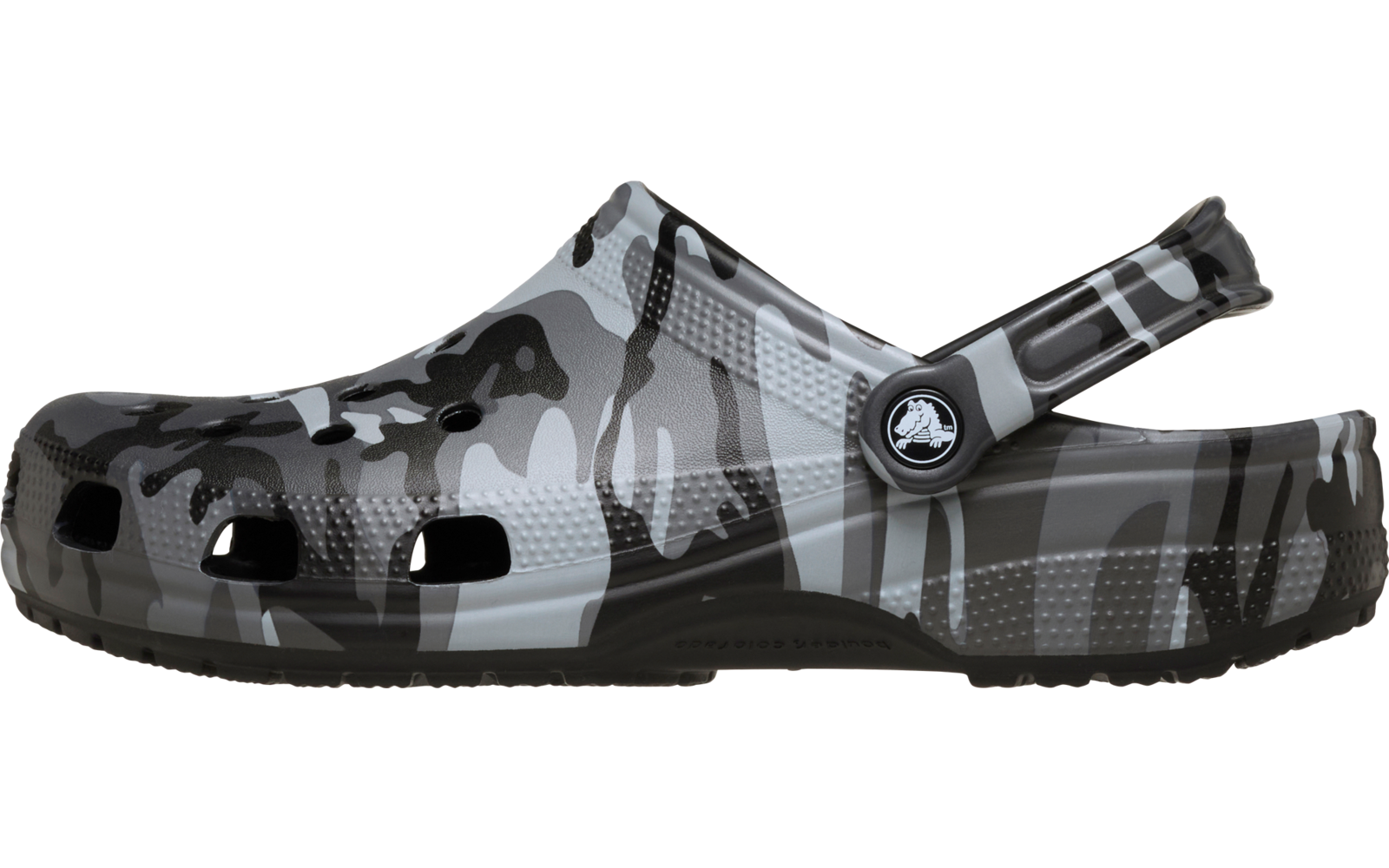 Grauer und schwarzer Clog mit Camouflage-Muster, Belüftungsöffnungen oben und seitlich und verstellbarem Fersenriemen