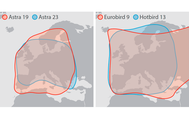 Zwei nebeneinander angeordnete Karten von Europa. Jede Karte zeigt graue Landflächen und zwei transparente Umrisslinien in Rot und Blau. Linke Karte, Legende oben links: roter Punkt 'Astra 19', blauer Punkt 'Astra 23'. Rechte Karte, Legende oben link