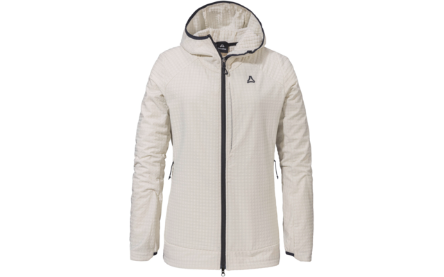 Helle cremefarbene Kapuzenjacke mit durchgehendem schwarzem Reißverschluss, zwei seitlichen Reißverschlusstaschen und kleinem dreieckigem Logo auf der Brust