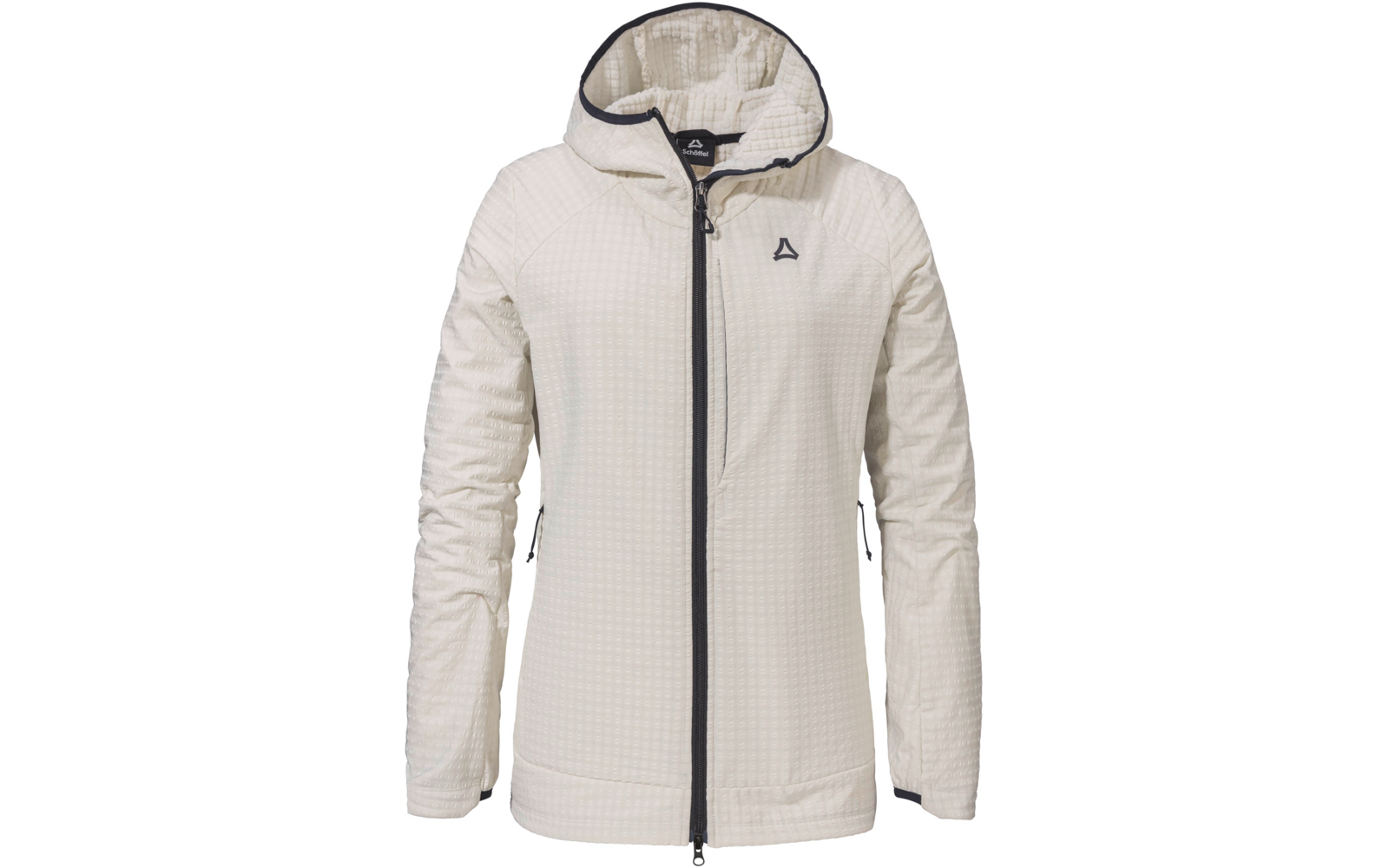 Helle cremefarbene Kapuzenjacke mit durchgehendem schwarzem Reißverschluss, zwei seitlichen Reißverschlusstaschen und kleinem dreieckigem Logo auf der Brust