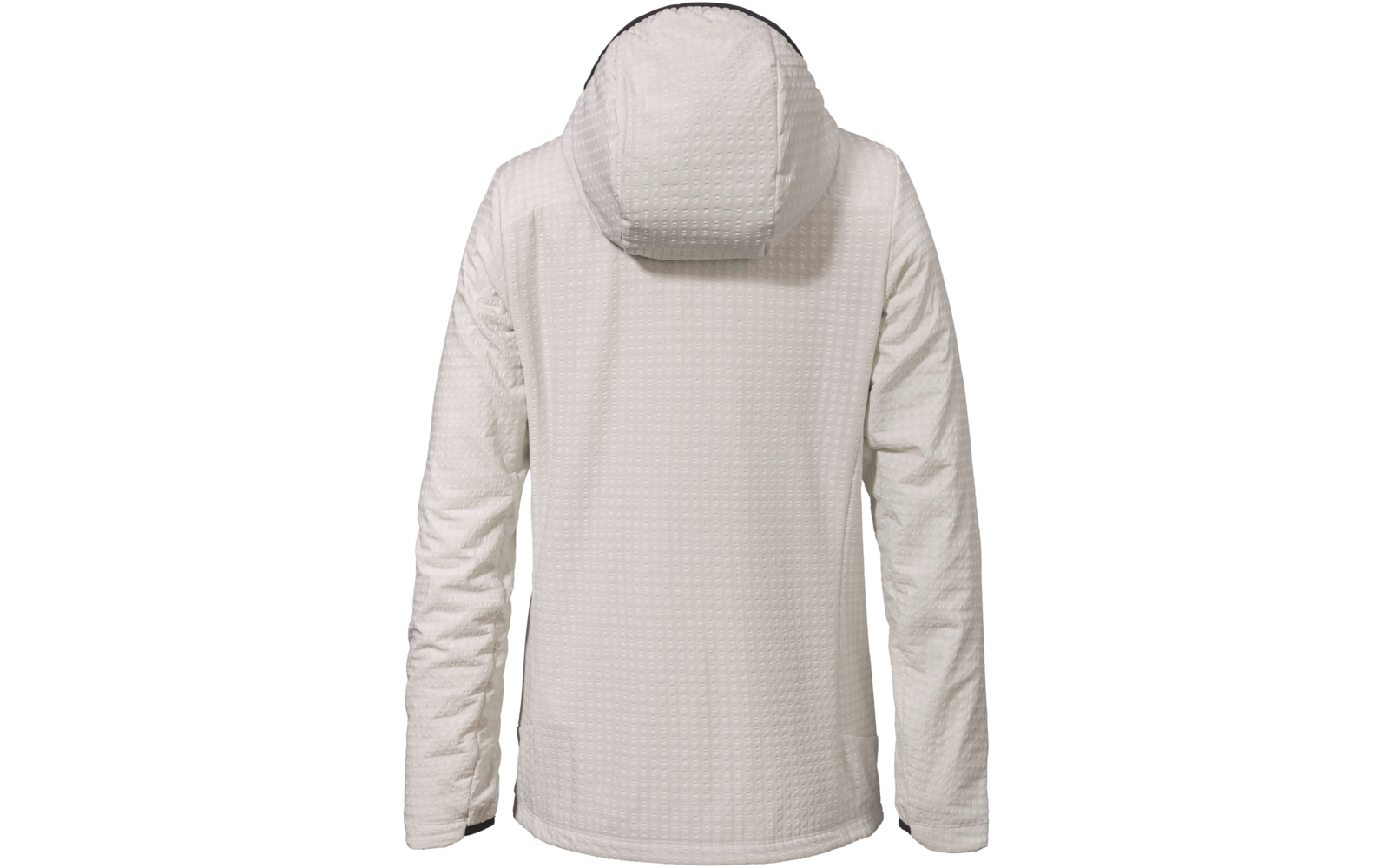Rückansicht einer cremeweißen Kapuzenjacke mit durchgehendem kleinen quadratischen Steppmuster, langen Ärmeln und geradem Saum auf weißem Hintergrund