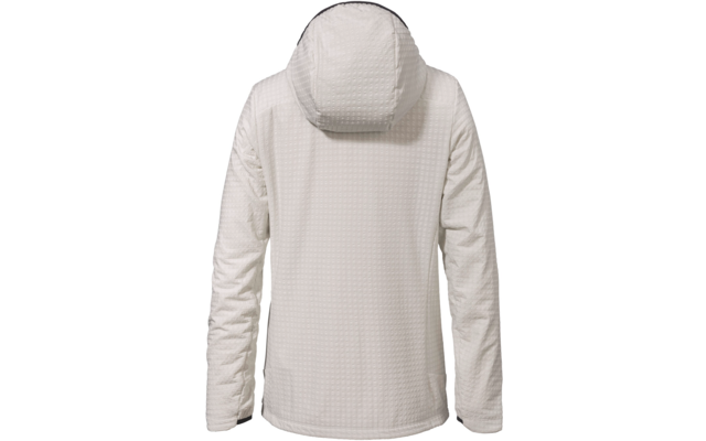 Rückansicht einer cremeweißen Kapuzenjacke mit durchgehendem kleinen quadratischen Steppmuster, langen Ärmeln und geradem Saum auf weißem Hintergrund