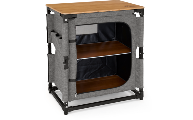 Gray storage cabinet with wooden tabletop, two shelves, and two doors