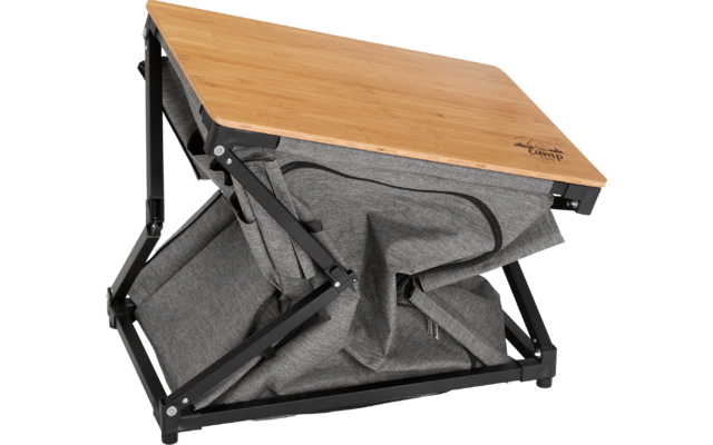 Petite table pliante avec plateau en bois et cadre métallique noir